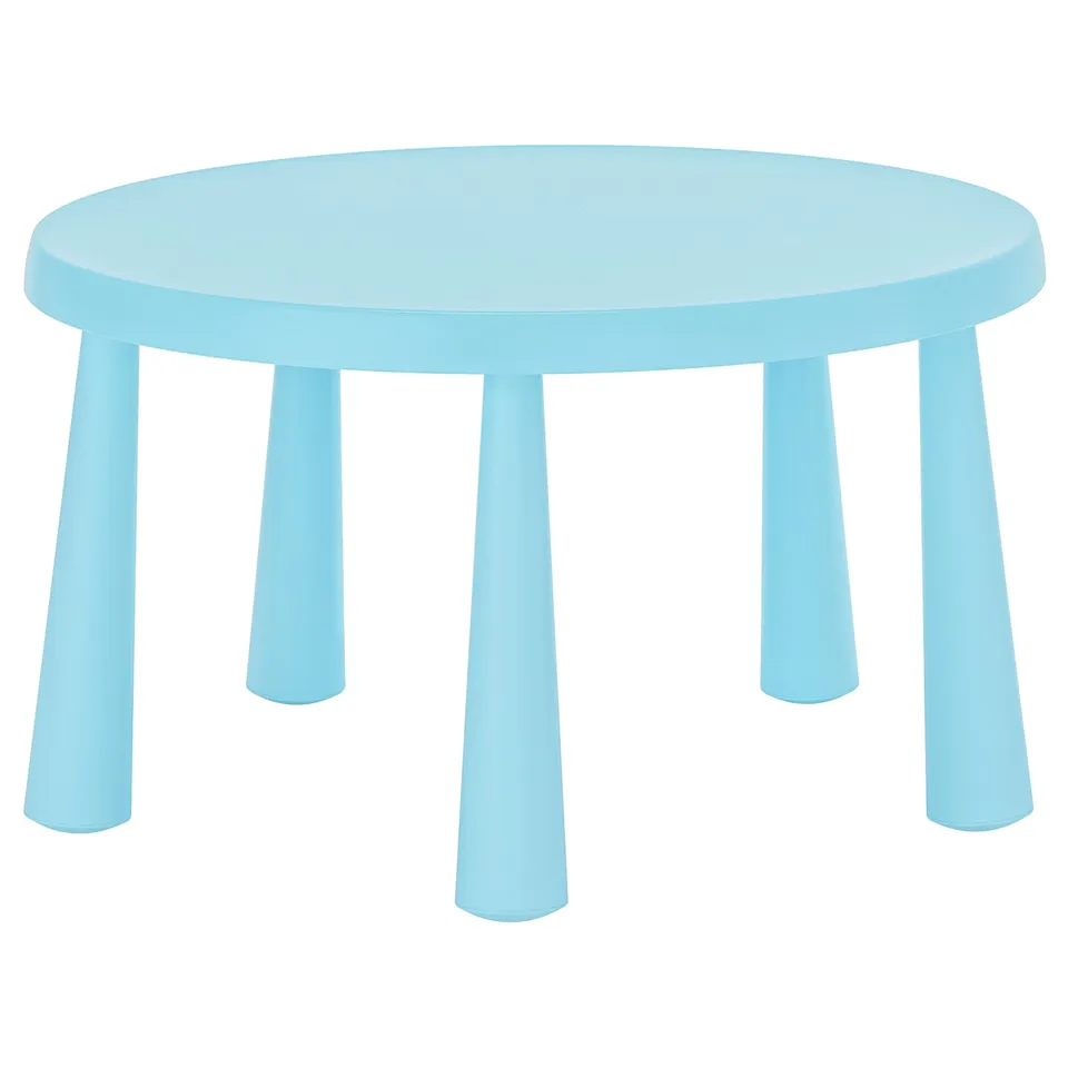 A MAMMUT light blue round childrens table made of plastic with five straight legs.