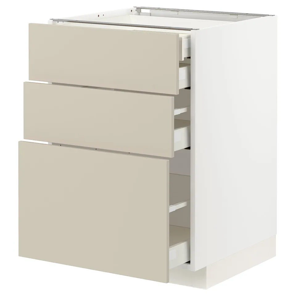 White METOD kitchen unit with beige drawers, three self-closing drawers, modern minimalist design.