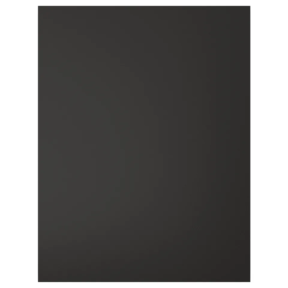 Black kitchen cover panel, rectangular, made of recycled wood and plastic, sleek, modern design.