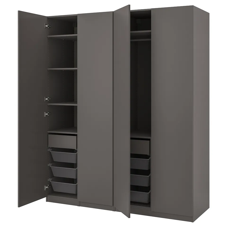 PAX wardrobe: grey, three-door, with mesh baskets & shelves.