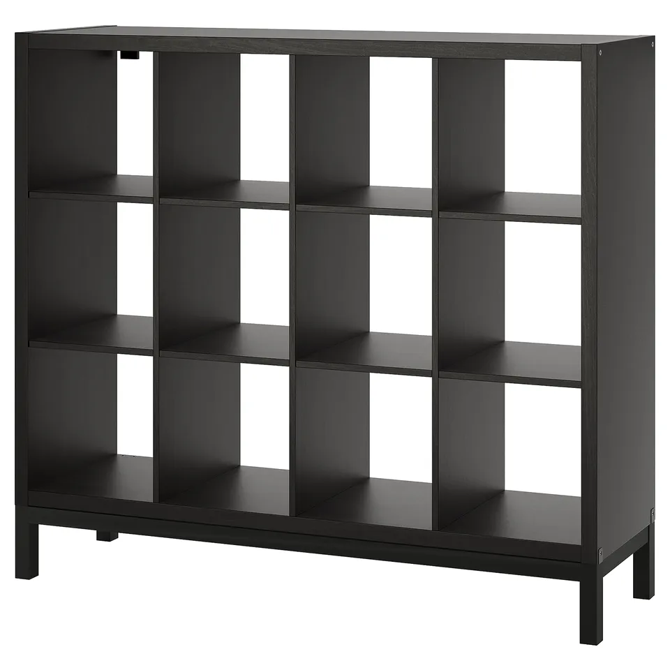 Black KALLAX bookshelf, square compartments, sturdy wooden frame, modern design.