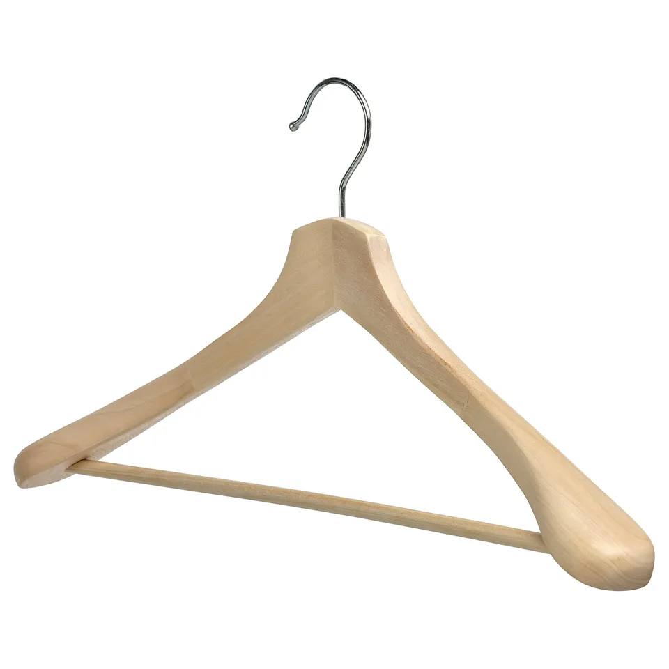 A BUMERANG hanger, wooden, triangular shape, chrome hook, for heavy clothes.