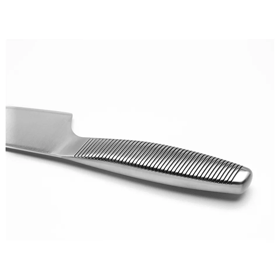 Close-up of a sleek, stainless-steel knife handle with a grooved grip from IKEA 365+.