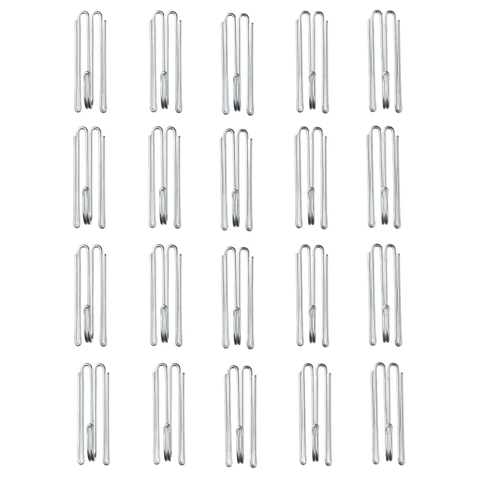 Multiple silver RIKTIG curtain hooks arranged in rows. Steel material, elongated u-shape design, suitable for gathering tape curtains.