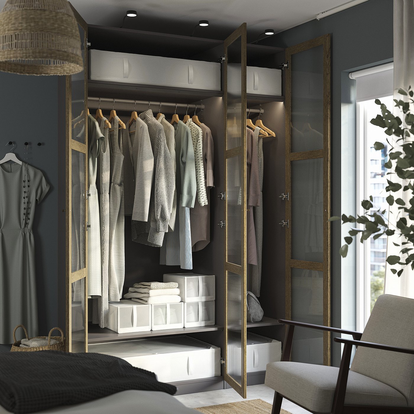 Modern walk-in closet with mirrored doors, clothes, shelves, storage, adjustable feet, and lighting.