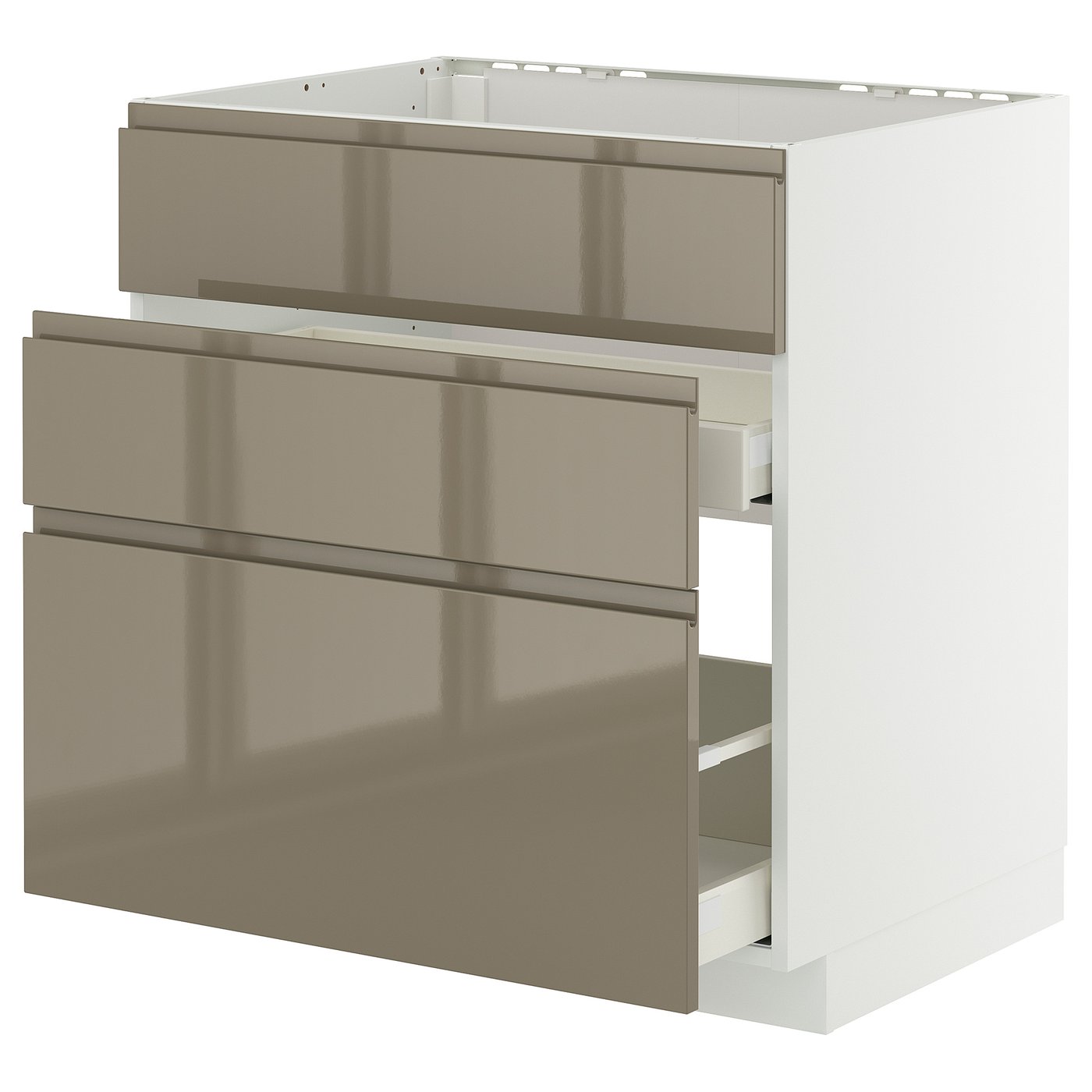 Modern kitchen cabinet with sleek, dark grey-brown fronts and integrated handles, featuring multiple drawers and a white frame.