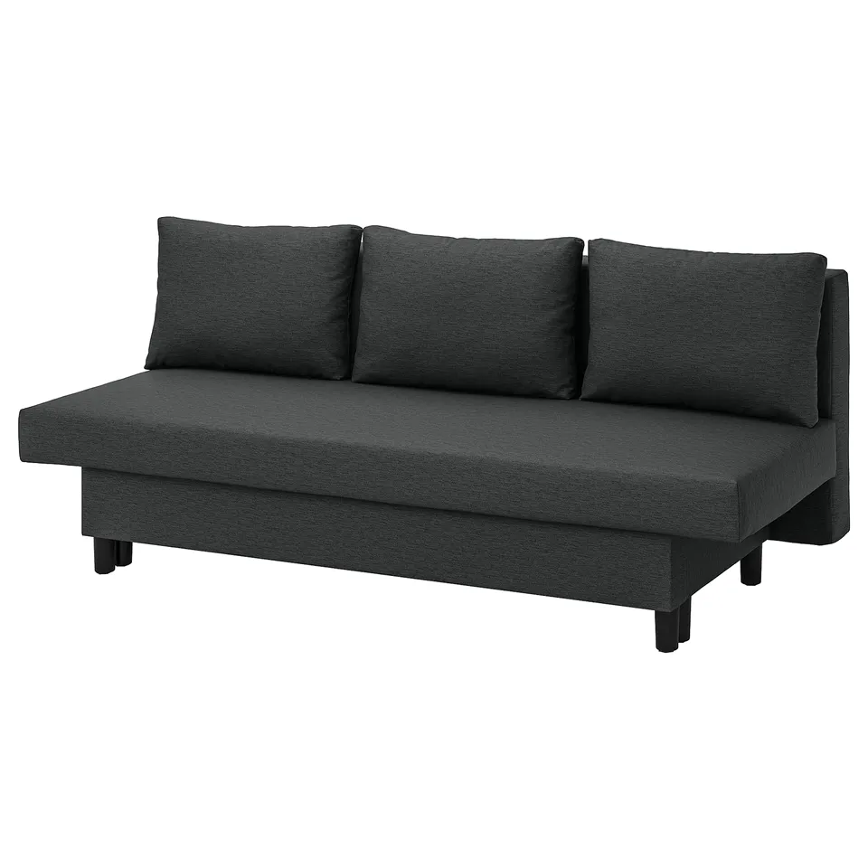 Image shows a sleek black ÄLVDALEN sofa with dark cushions, featuring a modern, modular design suitable for small spaces.