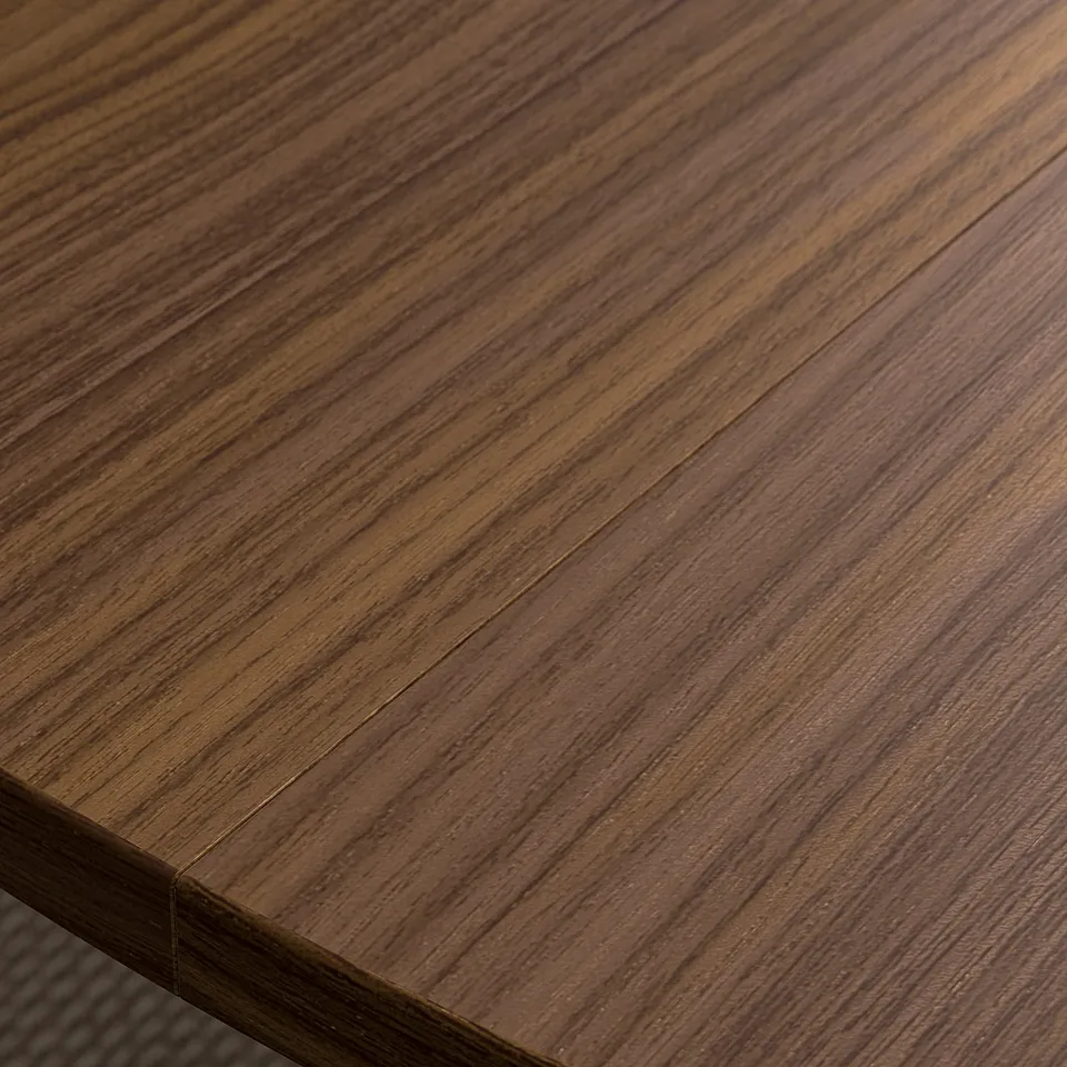 Rich walnut veneer table top, smooth and polished. Shows natural wood grain texture, exudes quality and warmth.