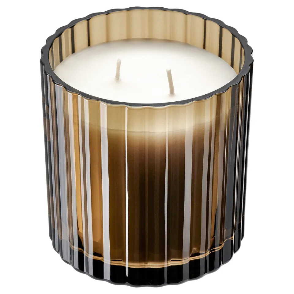 TOFSTÄRNA Scented candle in glass, 2 wicks, Fig leaf brown, 50 hr