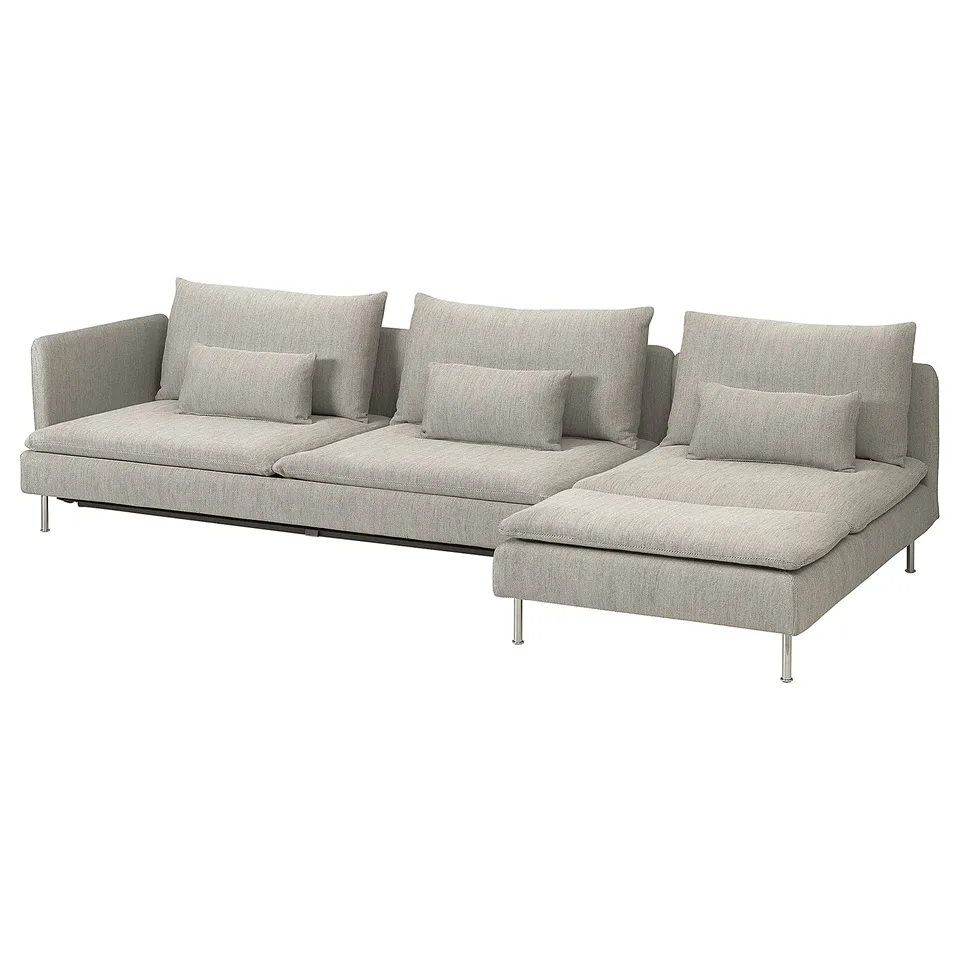 The SÖDERHAMN is a modern, light grey, l-shaped sectional sofa bed with metal legs, offering comfort and space.