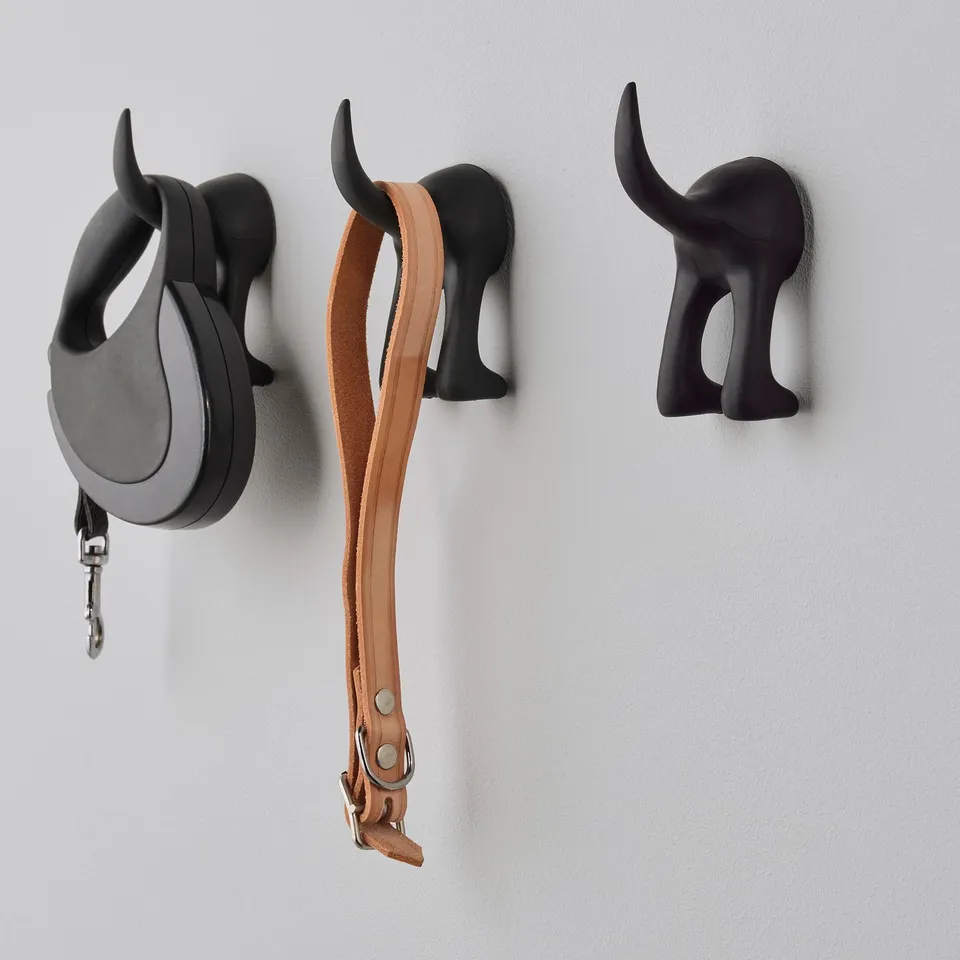Three wall hooks: grey leash, brown belt. Organised storage.