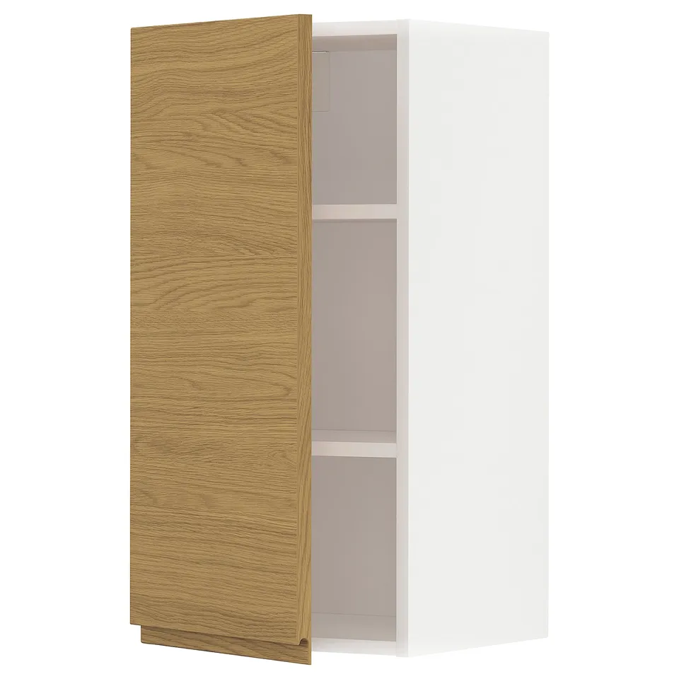 Modern white kitchen cabinet with oak-effect door; rectangular, minimalist design.