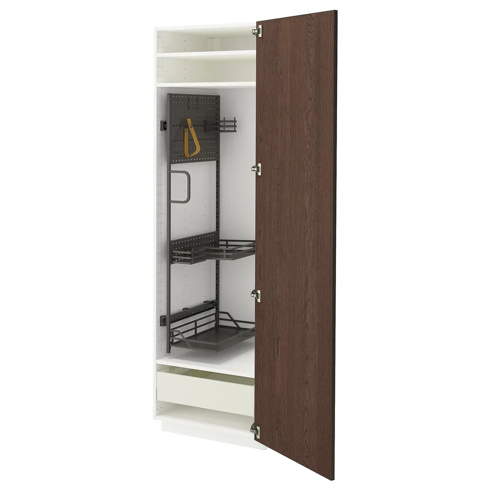 METOD kitchen cabinet with dark brown sinarp wood doors, metal pull-out organisers, and sturdy frame.