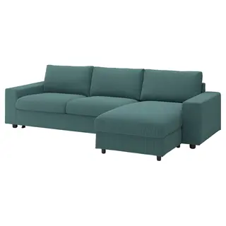 VIMLE 3-seat sofa-bed with chaise longue, with wide armrests/Kelinge grey-turquoise, Width 285 x Depth 98 cm