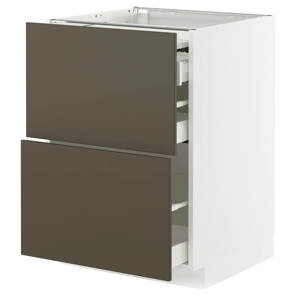 A modern white and brown kitchen cabinet unit with two dark brown drawers.