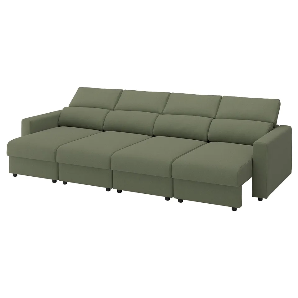 Image shows a green malmkoping sofa with adjustable cushions and chaise lounge feature.