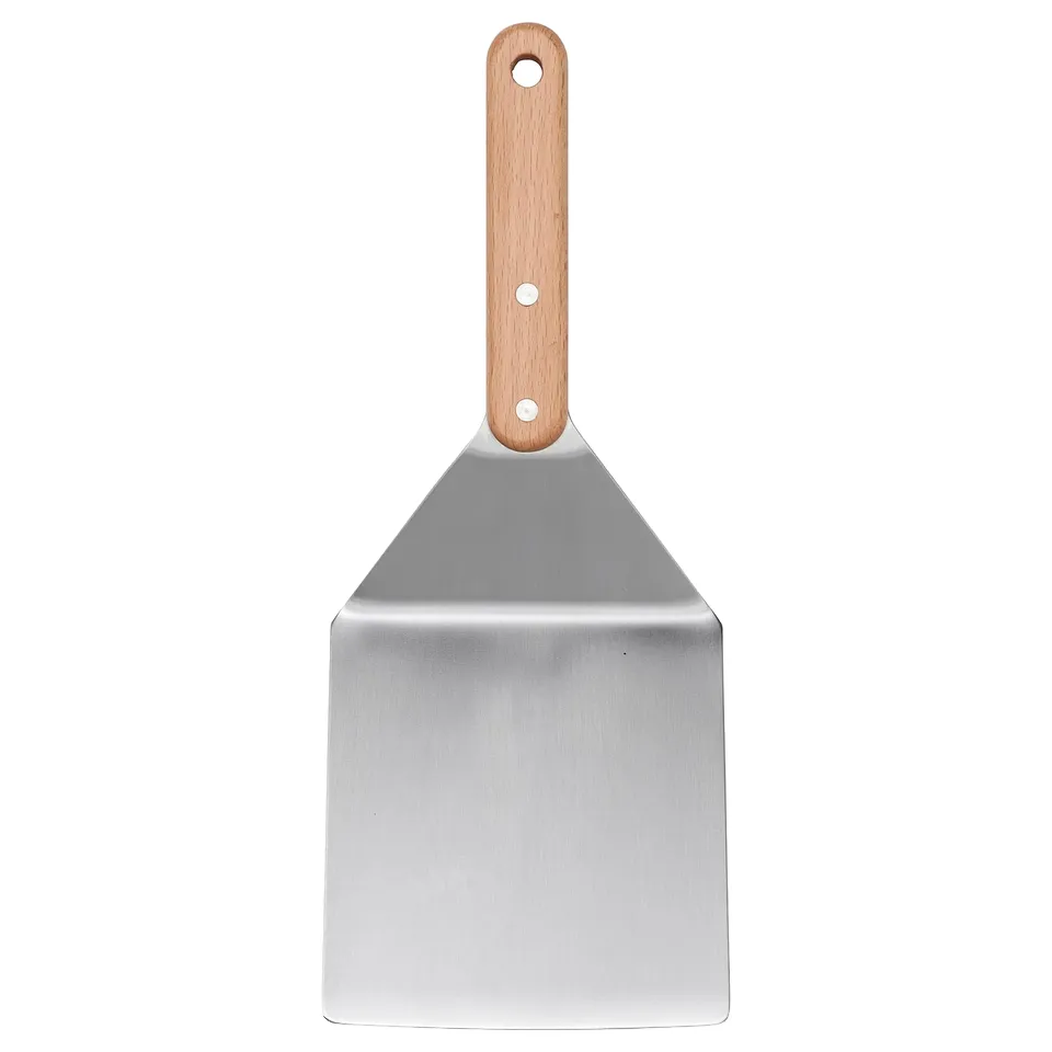 GRILLTIDER metal spatula, silver, beech handle, flat with hole in handle.