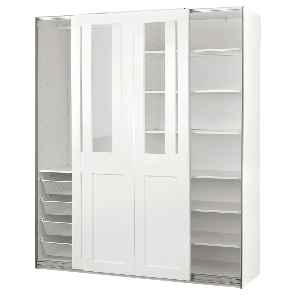 A white PAX wardrobe with glass and mirrored sliding doors, offering open and closed storage options.