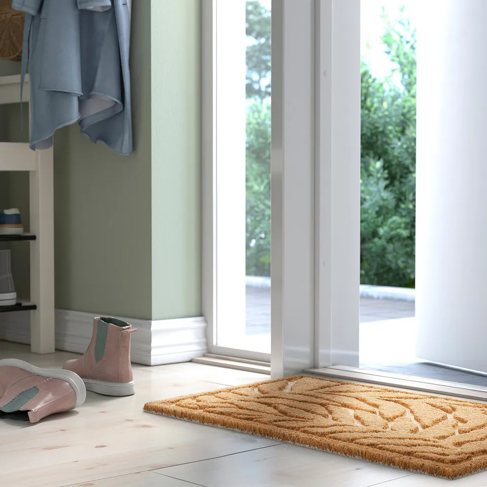 Brown coir doormat with 3d leaf pattern near an open door, textured for dirt.
