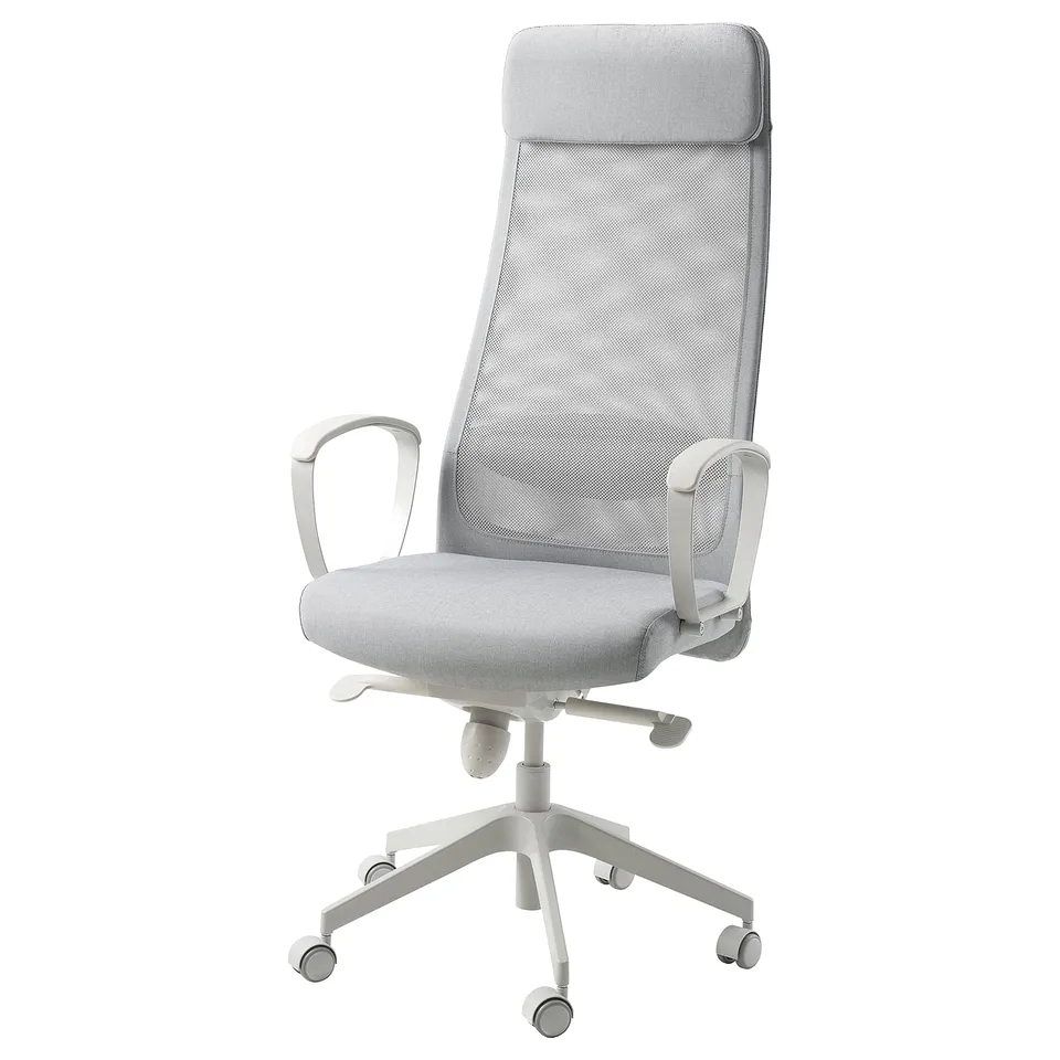 MARKUS: ergonomic grey office chair with mesh back, white frame & armrests.