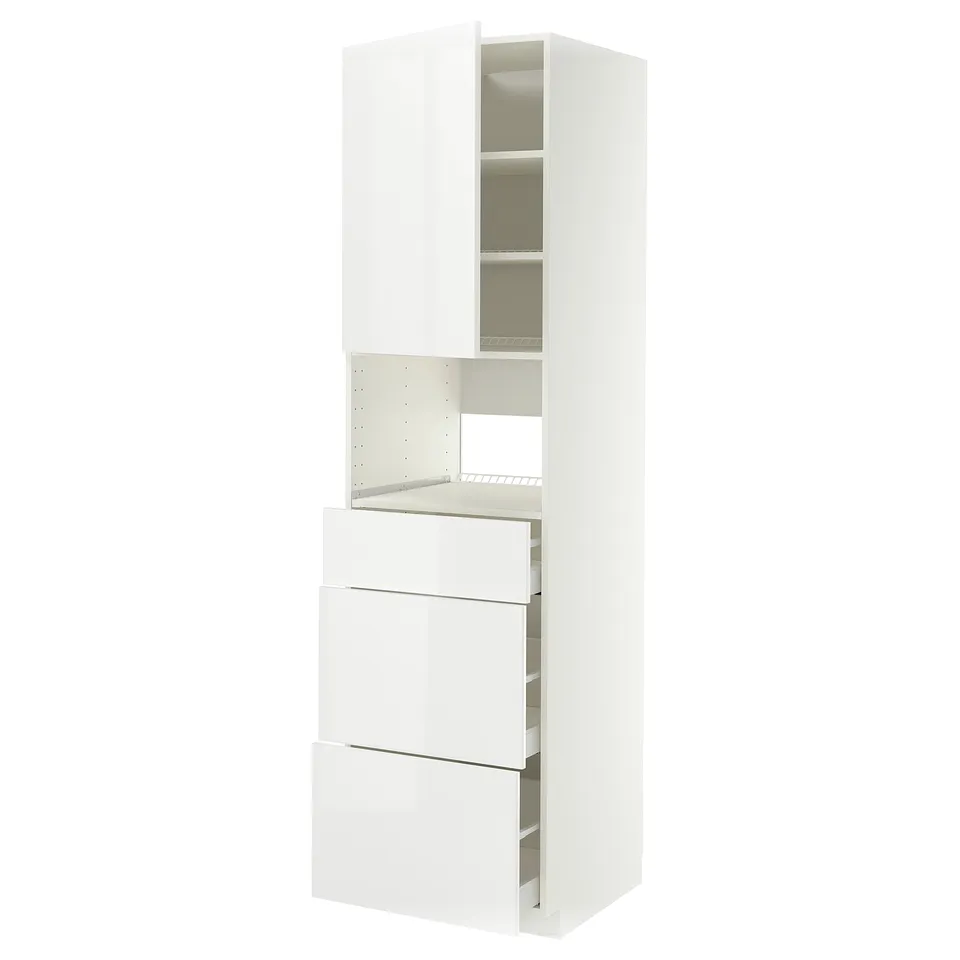 White METOD kitchen unit, modern, glossy finish, tall with drawers and shelves.