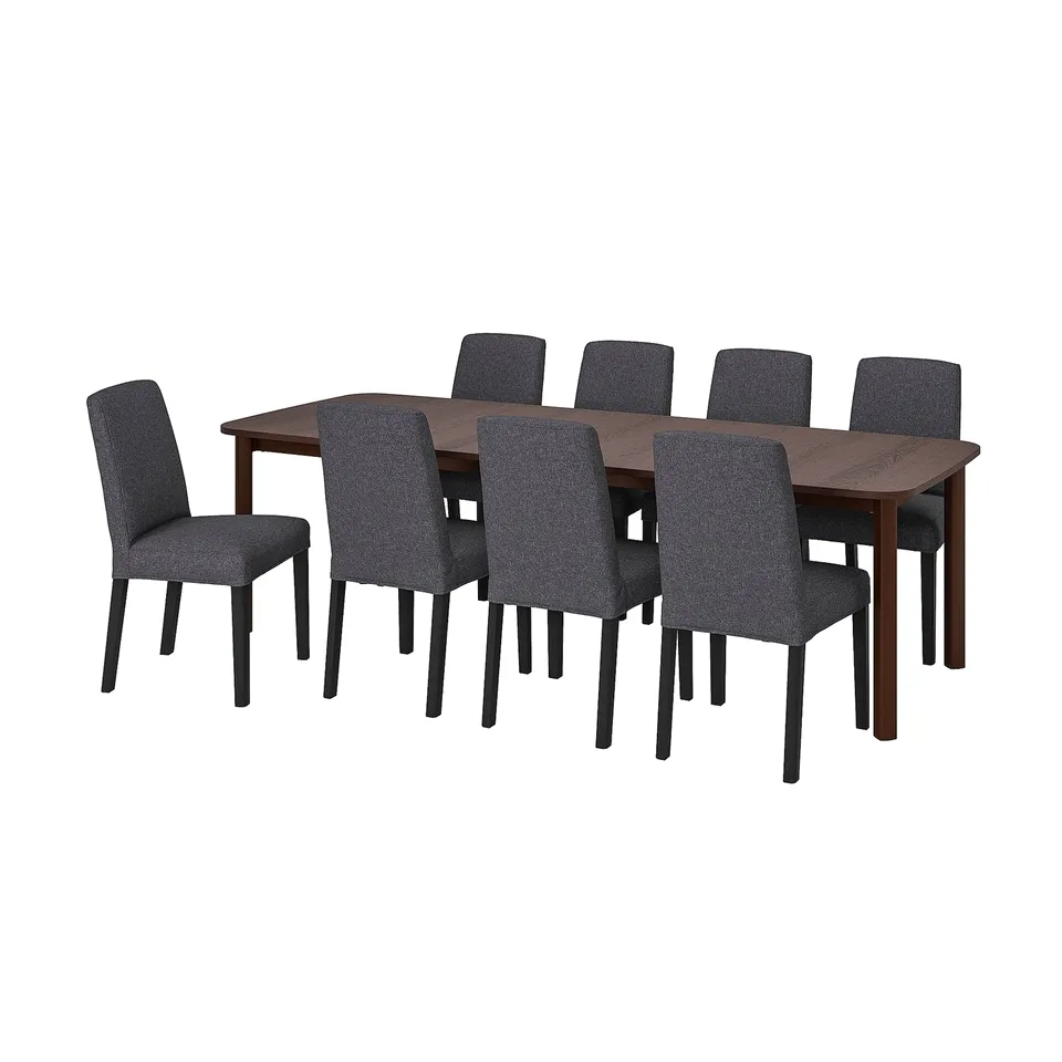 STRANDTORP dark table & grey chairs set. Six matching chairs with fabric seats & self-storing table leaves.