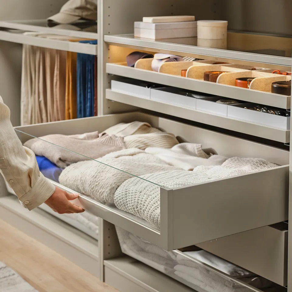 KOMPLEMENT Drawer with glass front, grey-beige, 100x58 cm