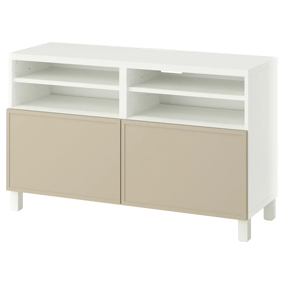 BESTÅ TV bench with doors, white/Krukmakare beige, 120x42x74 cm