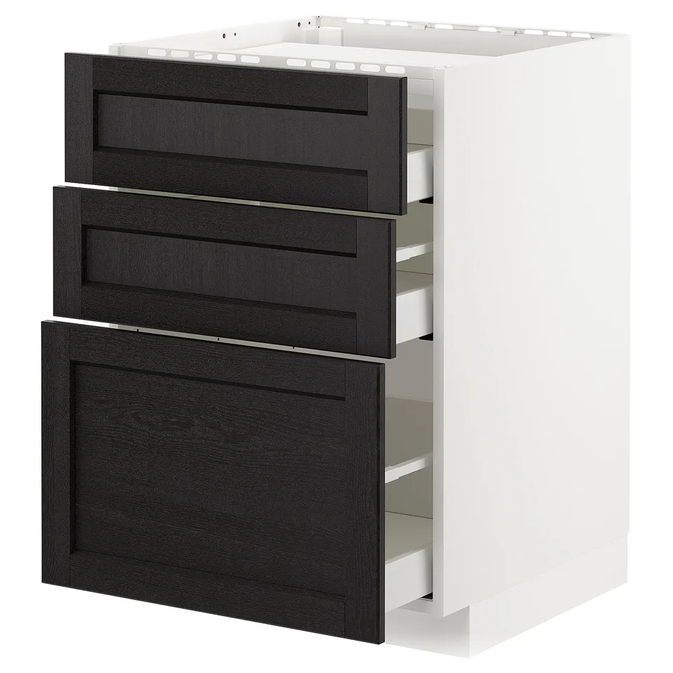 A white METOD kitchen cabinet with three black-stained wooden drawers. The drawers have bevelled edges and run smoothly on metal slides.