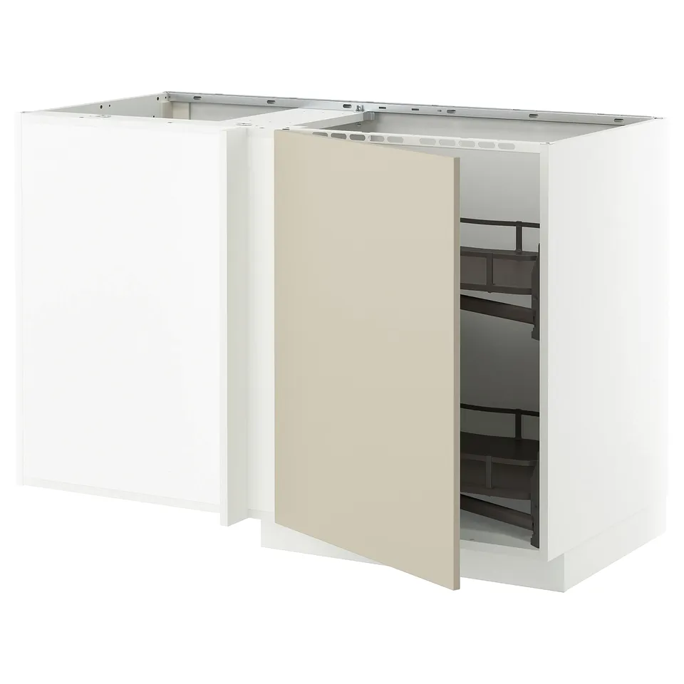 White and beige METOD kitchen cabinets with pull-out shelf, modern design.