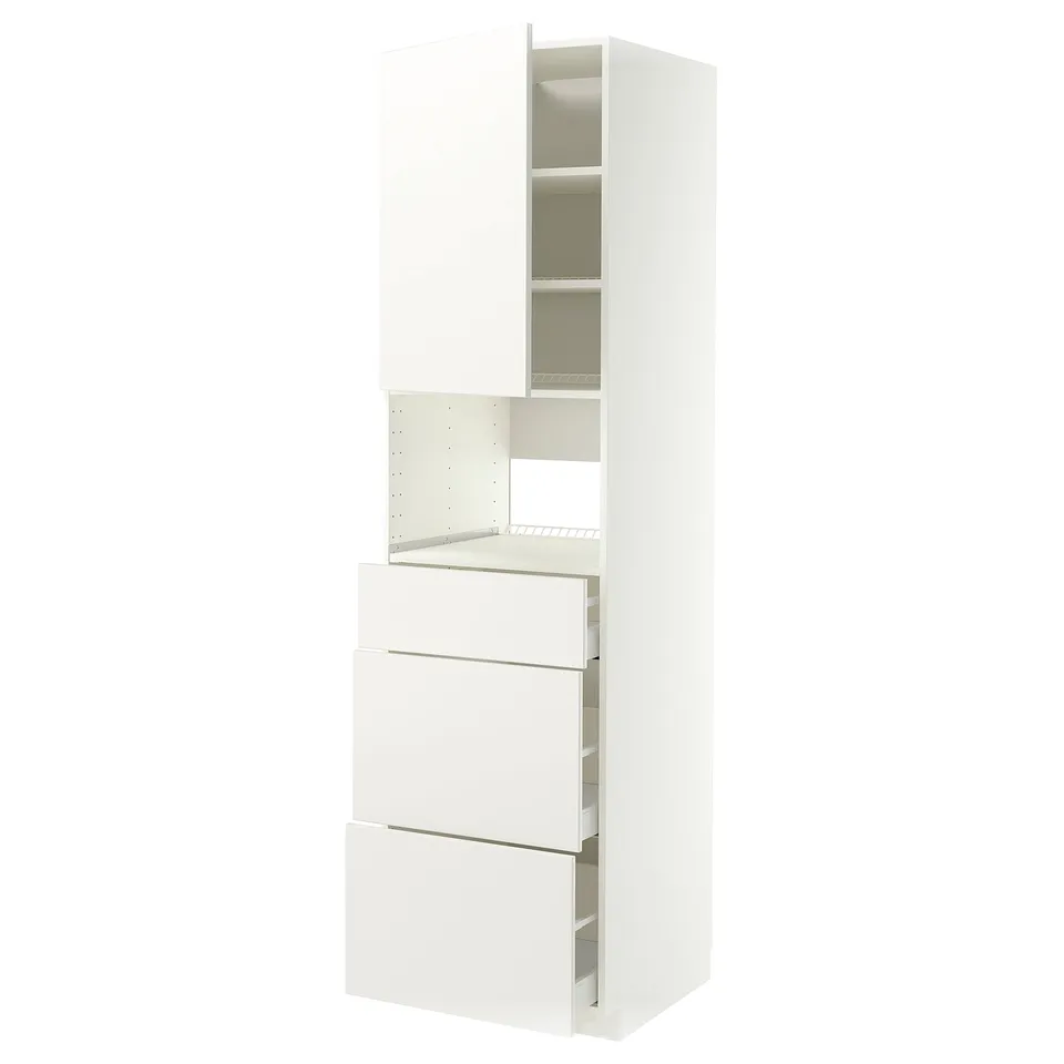 A white METOD kitchen cabinet with veddinge design, featuring smooth lines and ample storage, including drawers and shelves.