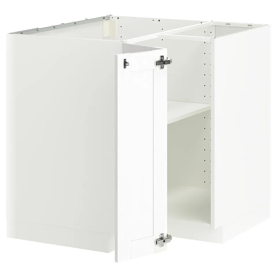 White ikea METOD kitchen unit, rectangular, corner base design, hinged door.