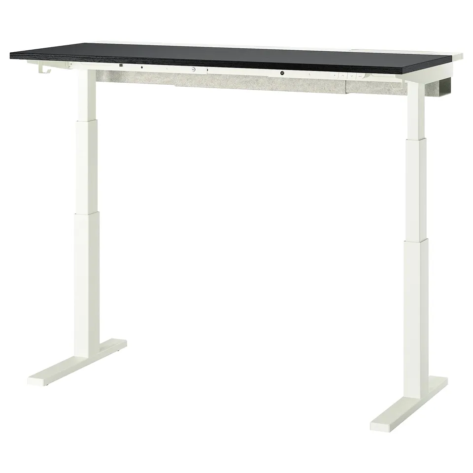 MITTZON desk: black top, white legs, sit-stand feature.