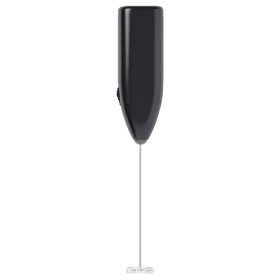 Black handheld milk frother with stainless steel whisk and ergonomic handle.