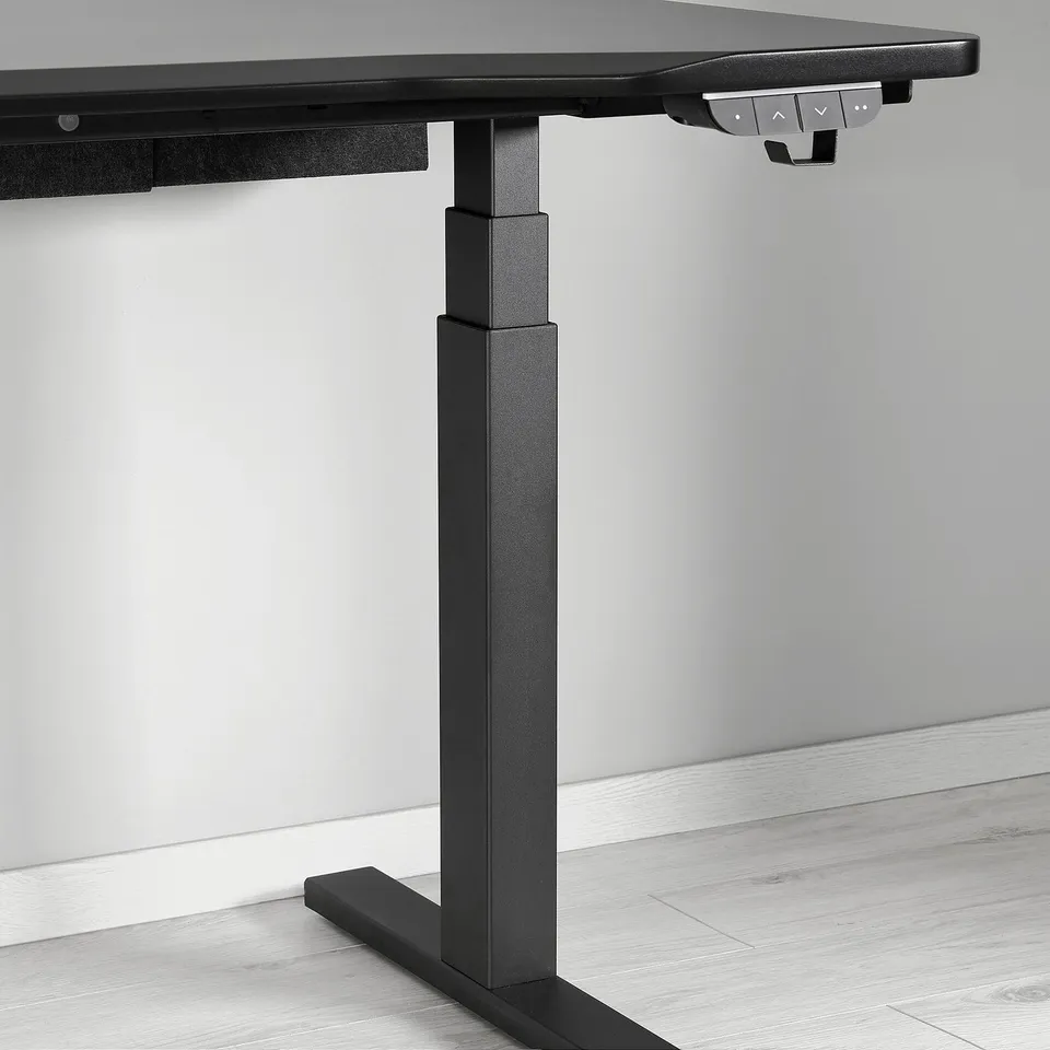 Adjustable gaming desk with memory settings and collision detection, ensuring smooth and safe height adjustments.