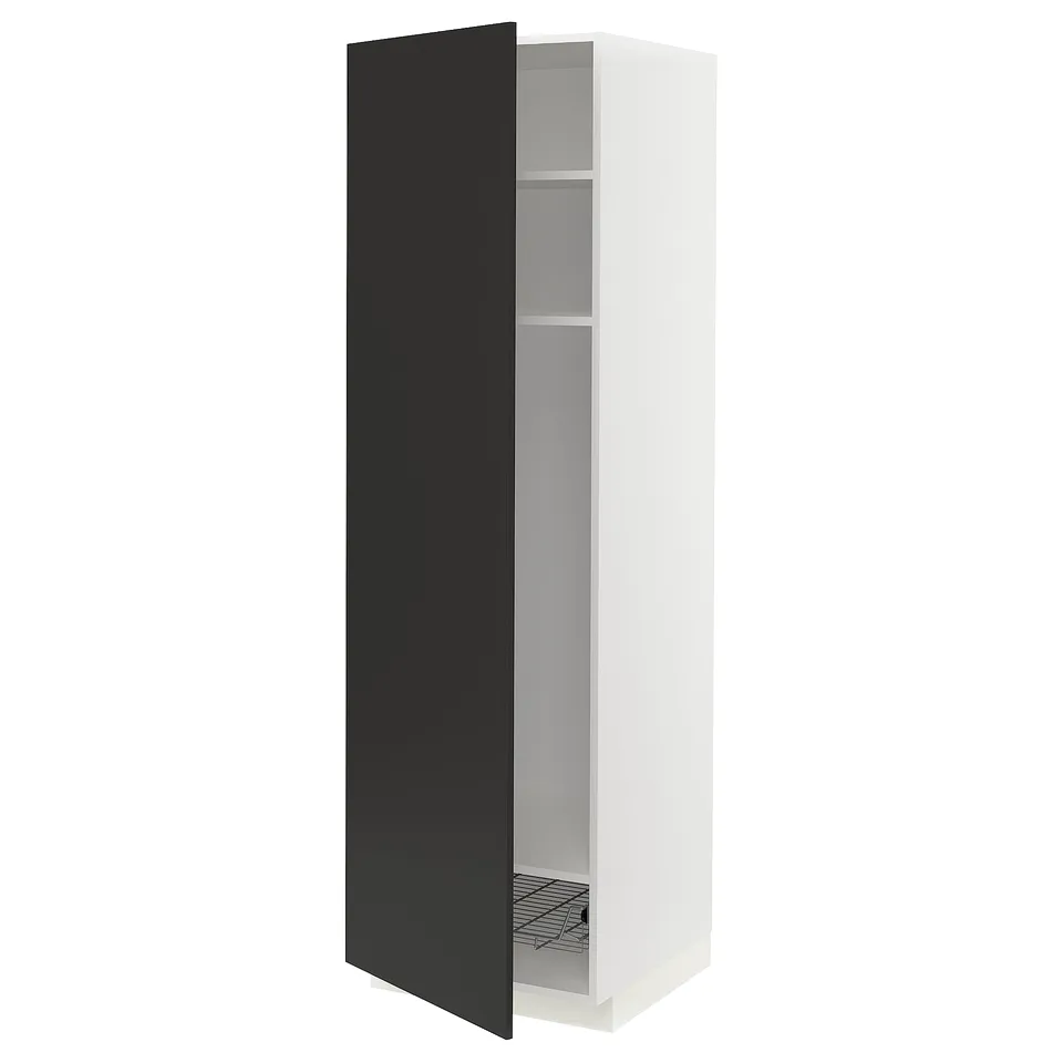 A tall white kitchen cabinet with one black door open, revealing shelves and a wire basket inside.