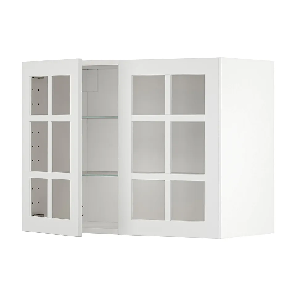 White METOD kitchen cabinet with glass doors, modern design, square shape, adjustable shelves.