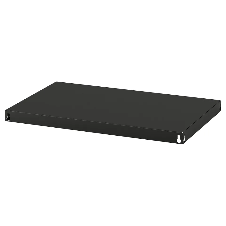 Black metal shelf, sturdy, rectangular, with hooks. Ideal for heavy loads.