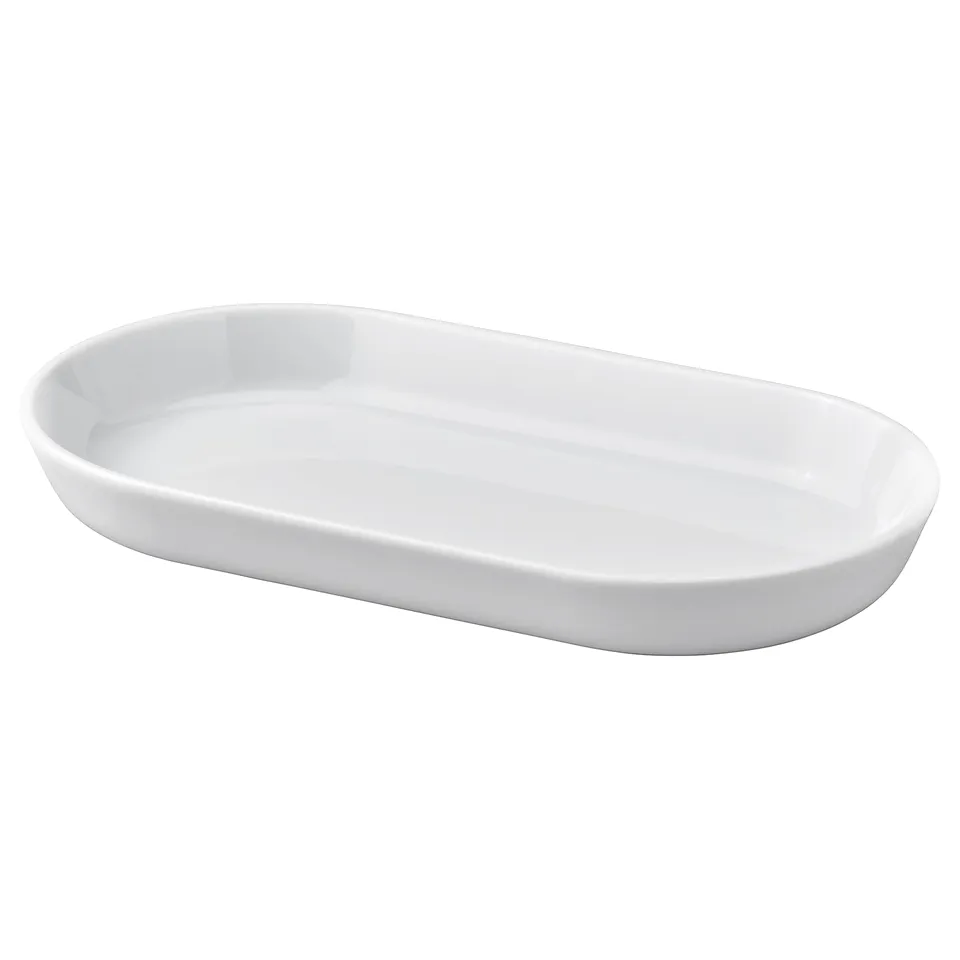 IKEA 365+ white porcelain serving dish, oval shape, simple design.