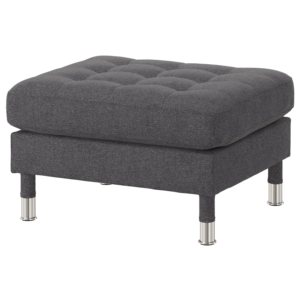 Grey LANDSKRONA footstool with tufted top, metal legs.