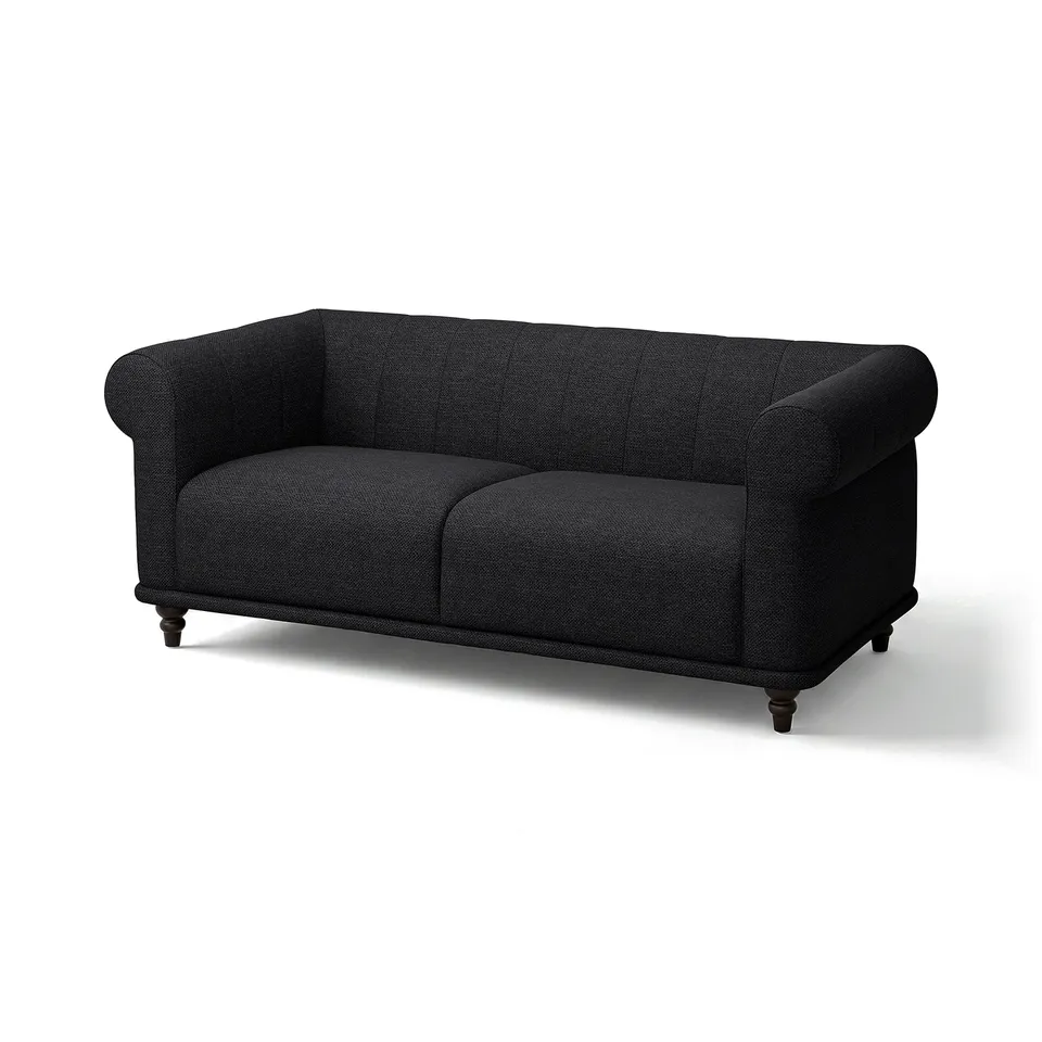 VISKAFORS black sofa. Classic design, soft rounded shapes, deep cushions. Dark fabric, wooden legs.