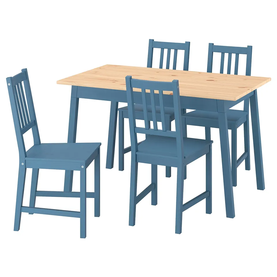 A set of blue pine dining table and four matching chairs with wooden seats. The furniture set is modern and compact, designed for small spaces.