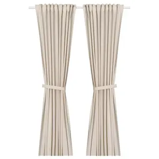 LENDA curtains with tie-backs, 1 pair, off-white/with heading tape, 140x160 cm