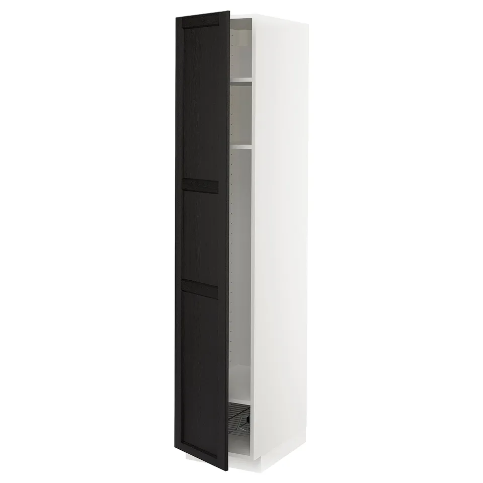 White METOD tall kitchen unit with open black stained lerhyttan door, shelves visible.