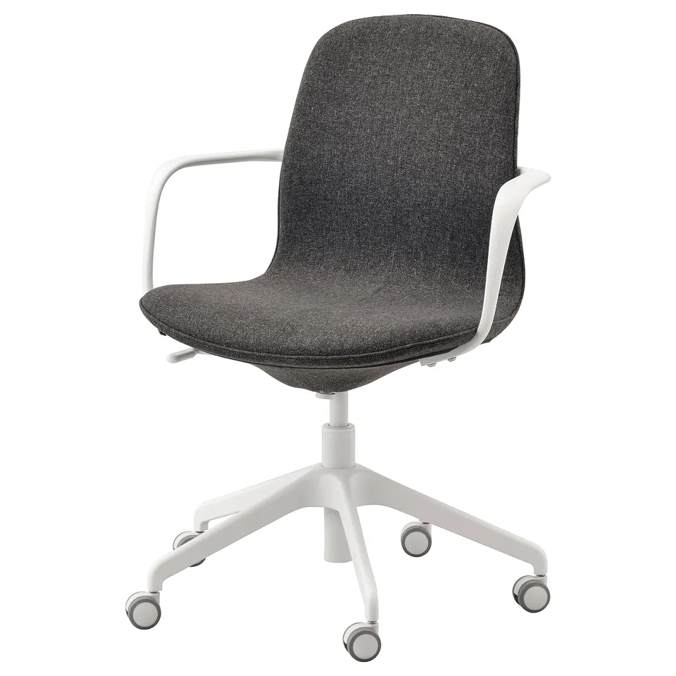 LÅNGFJÄLL office chair, dark grey fabric, white frame, adjustable height, casters, armrests.