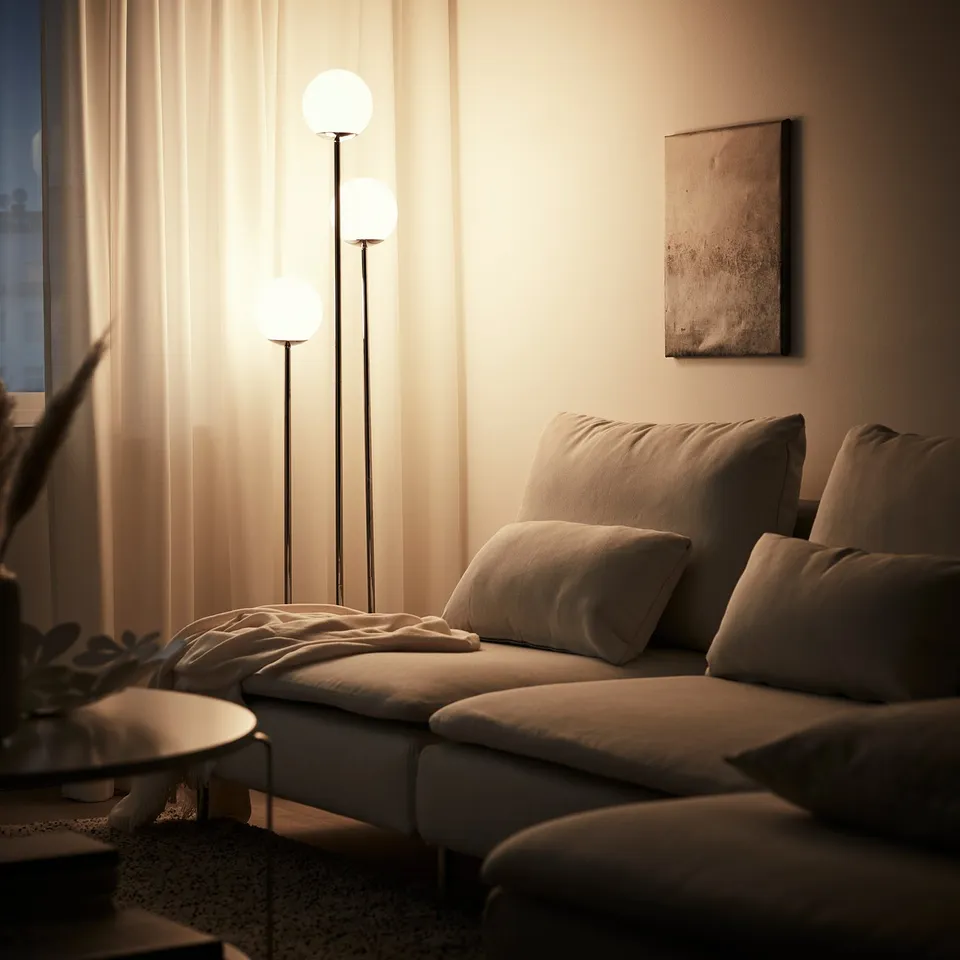 Modern living room with beige couch, pillows, floor lamp with three chrome-plated stems and white glass globes.