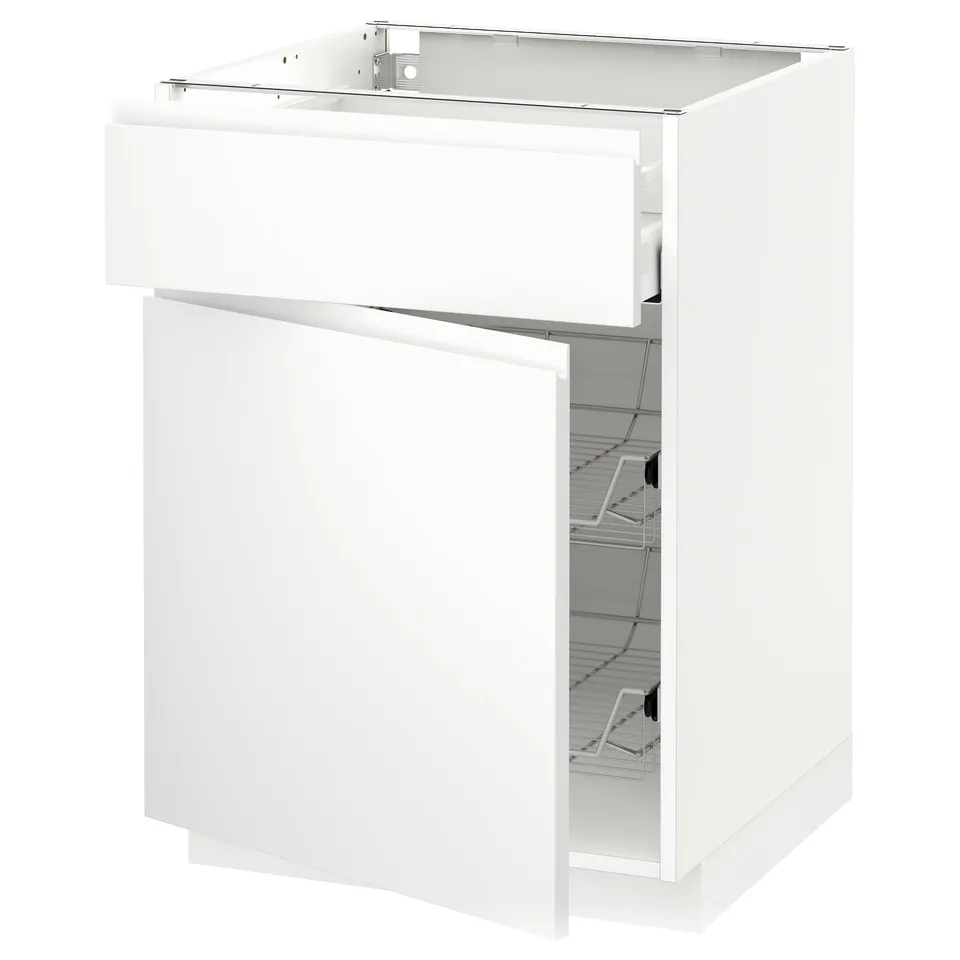 Modern white METOD kitchen cabinet, minimalist design with integrated handles, featuring a smooth-running drawer and wire basket for storage.