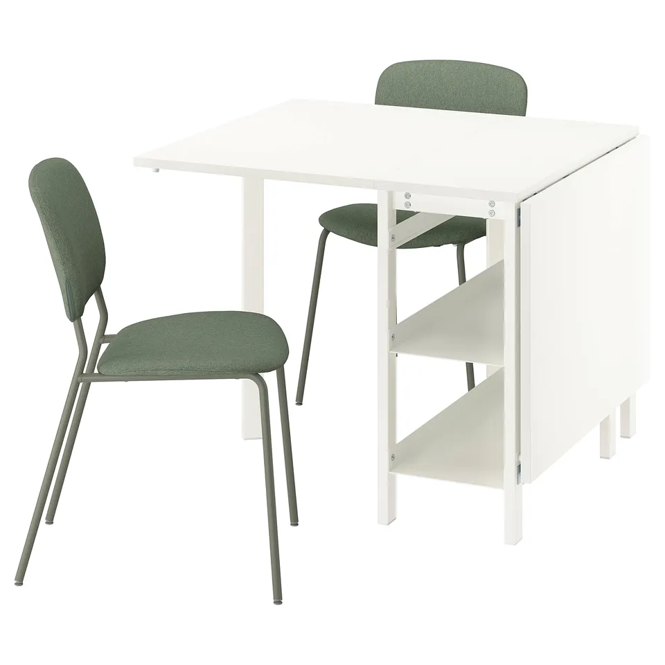 White IKEA VIHALS dining set with gateleg table & green cushioned chairs.