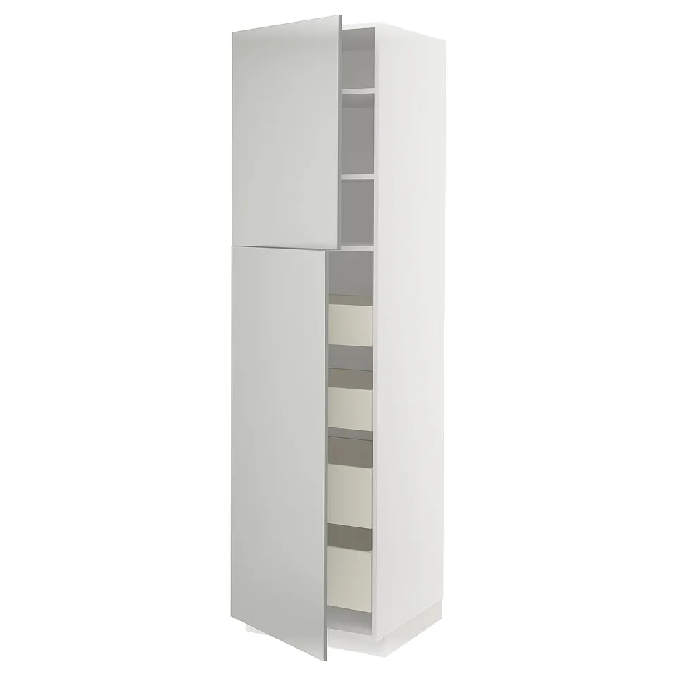 Image shows a sleek, white METOD kitchen cabinet, with modern design and multiple shelves inside.