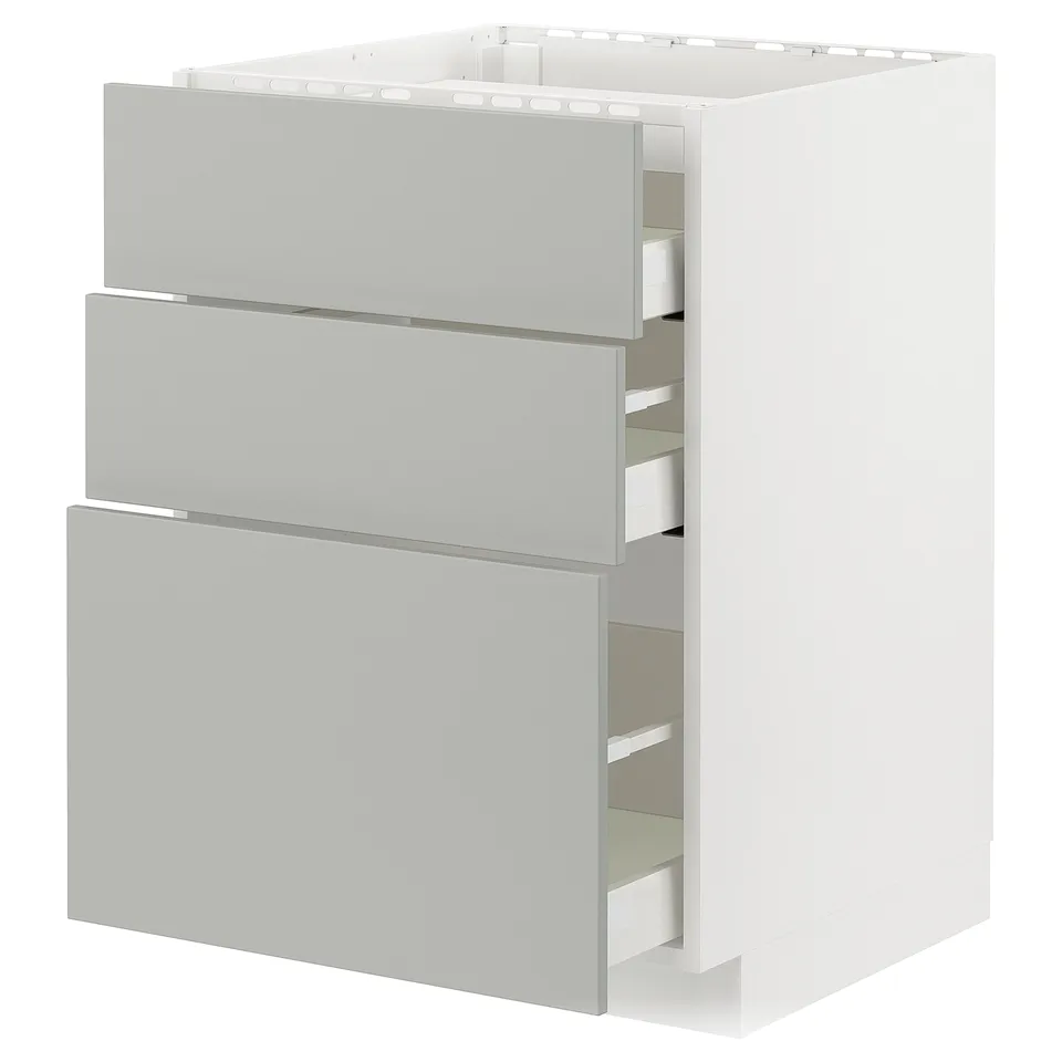 METOD kitchen unit with 3 grey drawers, modern design.